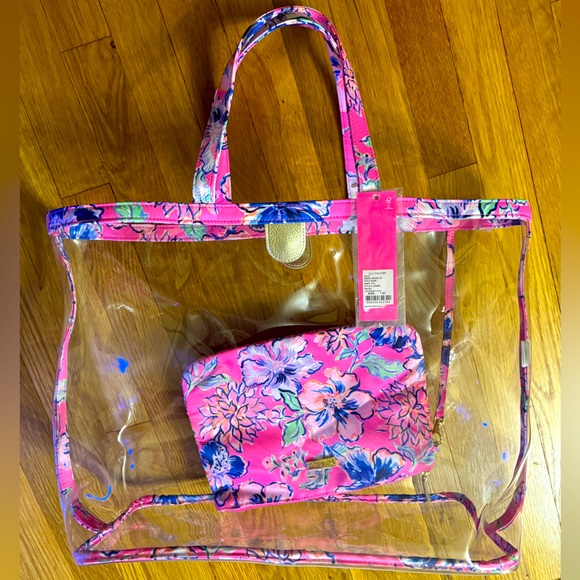 NWT Lilly Pulitzer Kendyl Clear pink isle beach Tote & Pouch set Last bud not